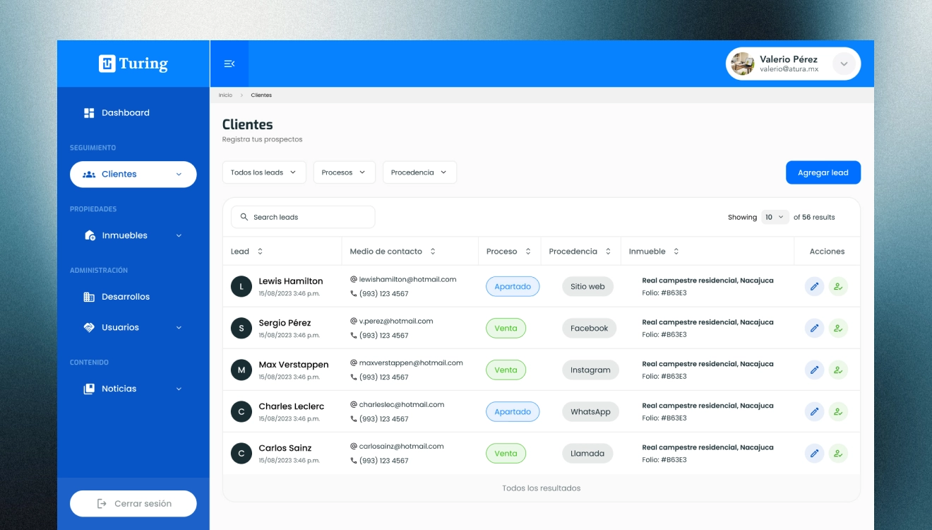 Panel de consultas web integrado con CRM inmobiliario Turing