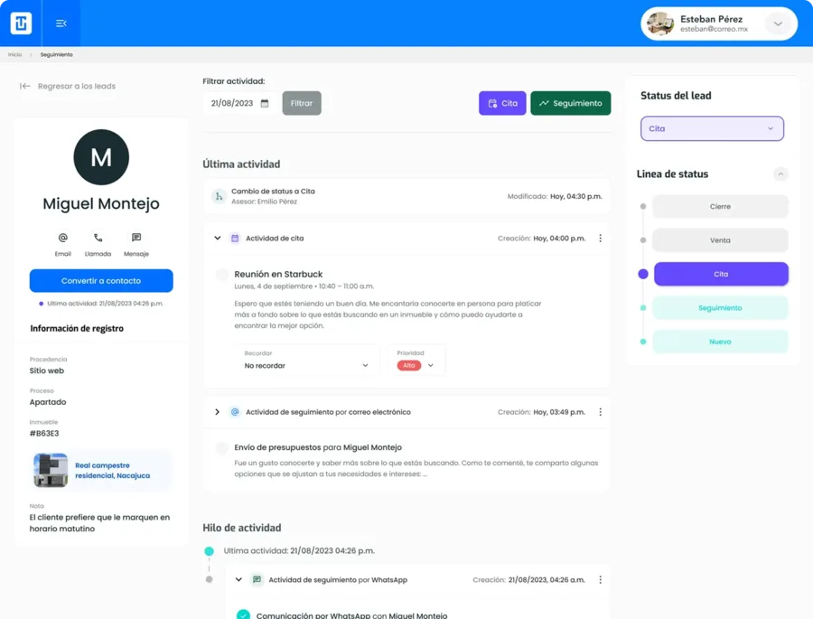 Panel de servicios Turing CRM para inmobiliarias en México